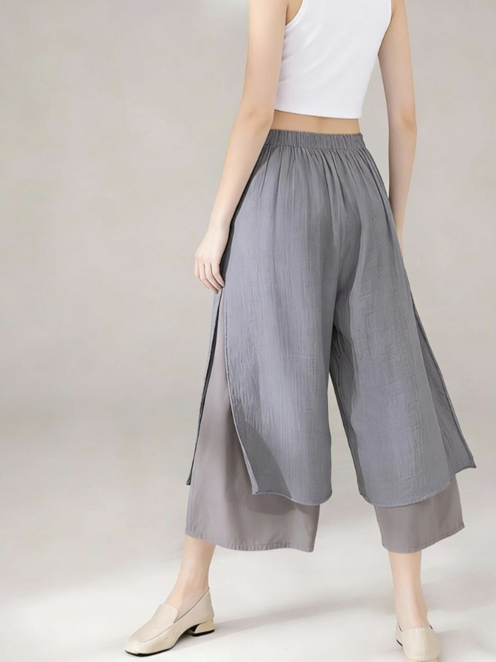 Women's Wide Leg Layer Capris Palazzo Elastic Waist Trousers